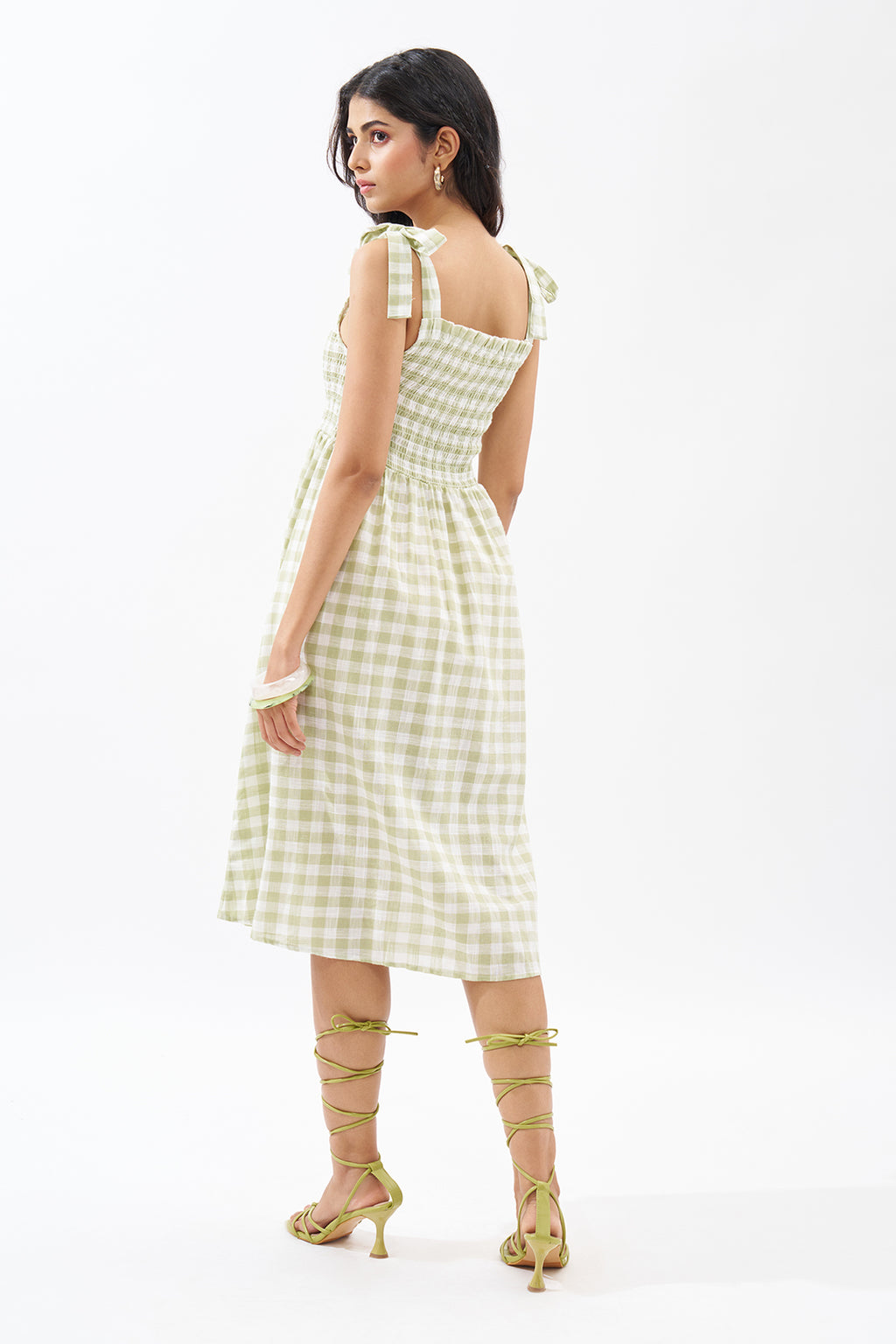 Sage Green Sleeveless Checked Dress for Women - Image 5