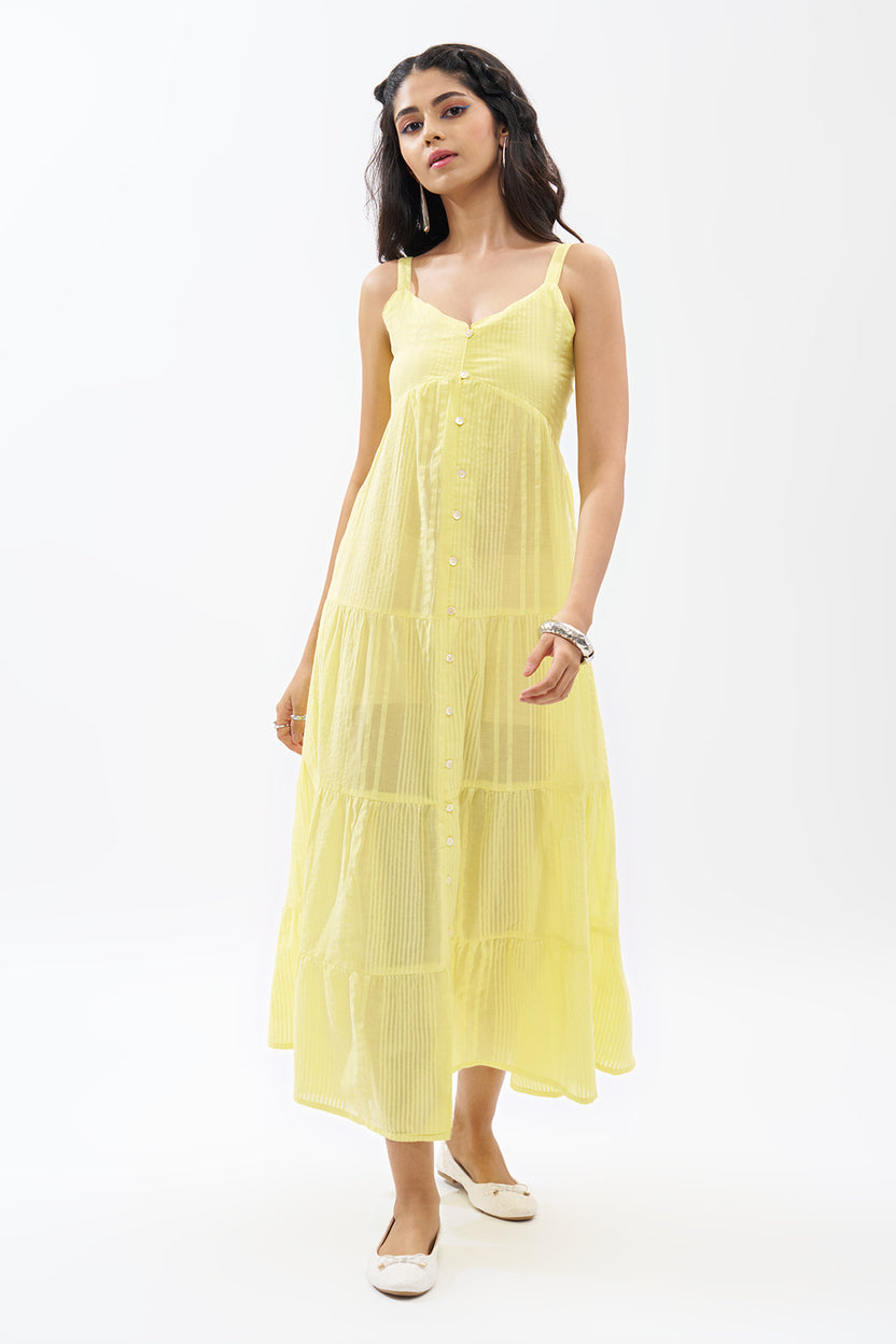 Yellow Sleeveless Seersucker Tiered Dress For Women - Image 2