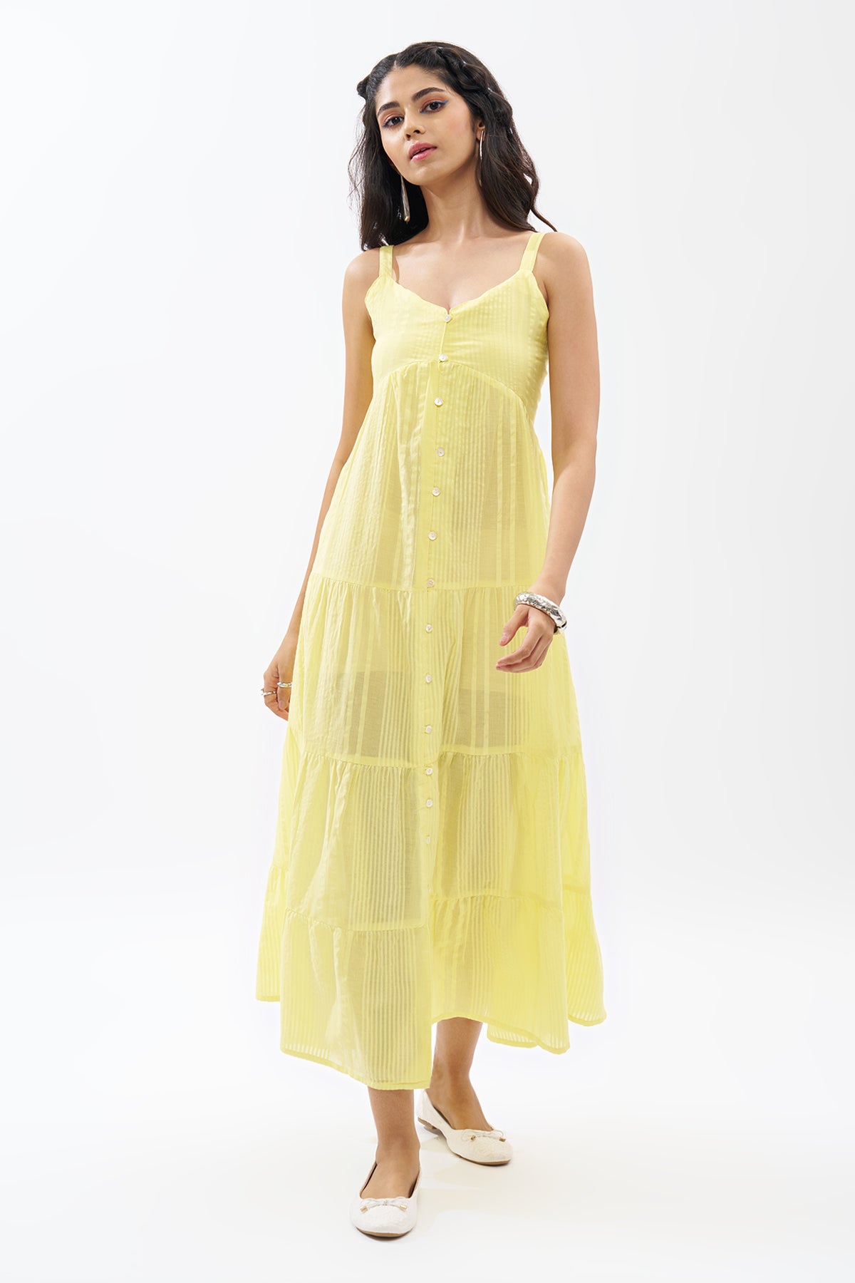 Yellow Sleeveless Seersucker Tiered Dress for Women - Image 2