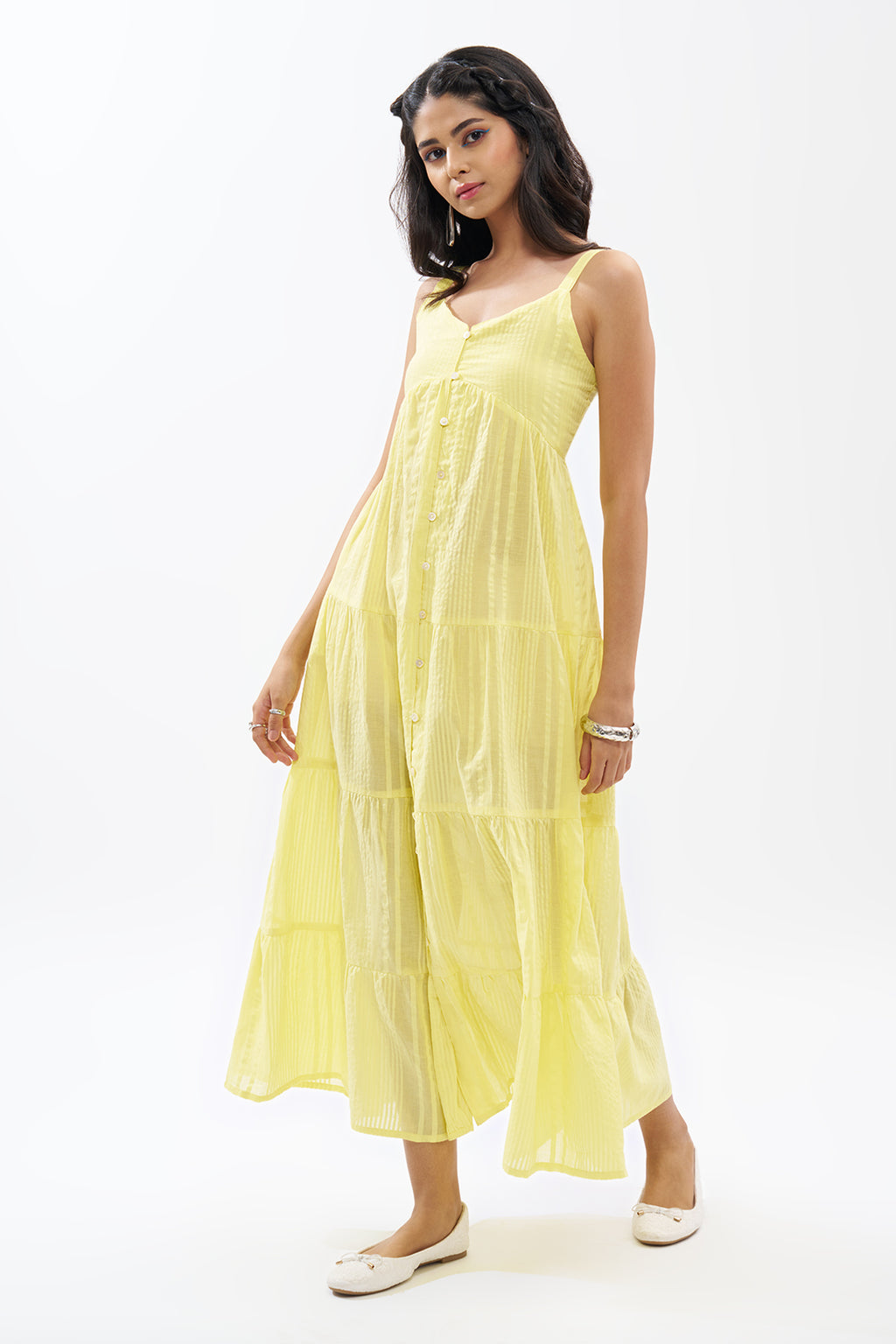 Yellow Sleeveless Seersucker Tiered Dress for Women - Image 4