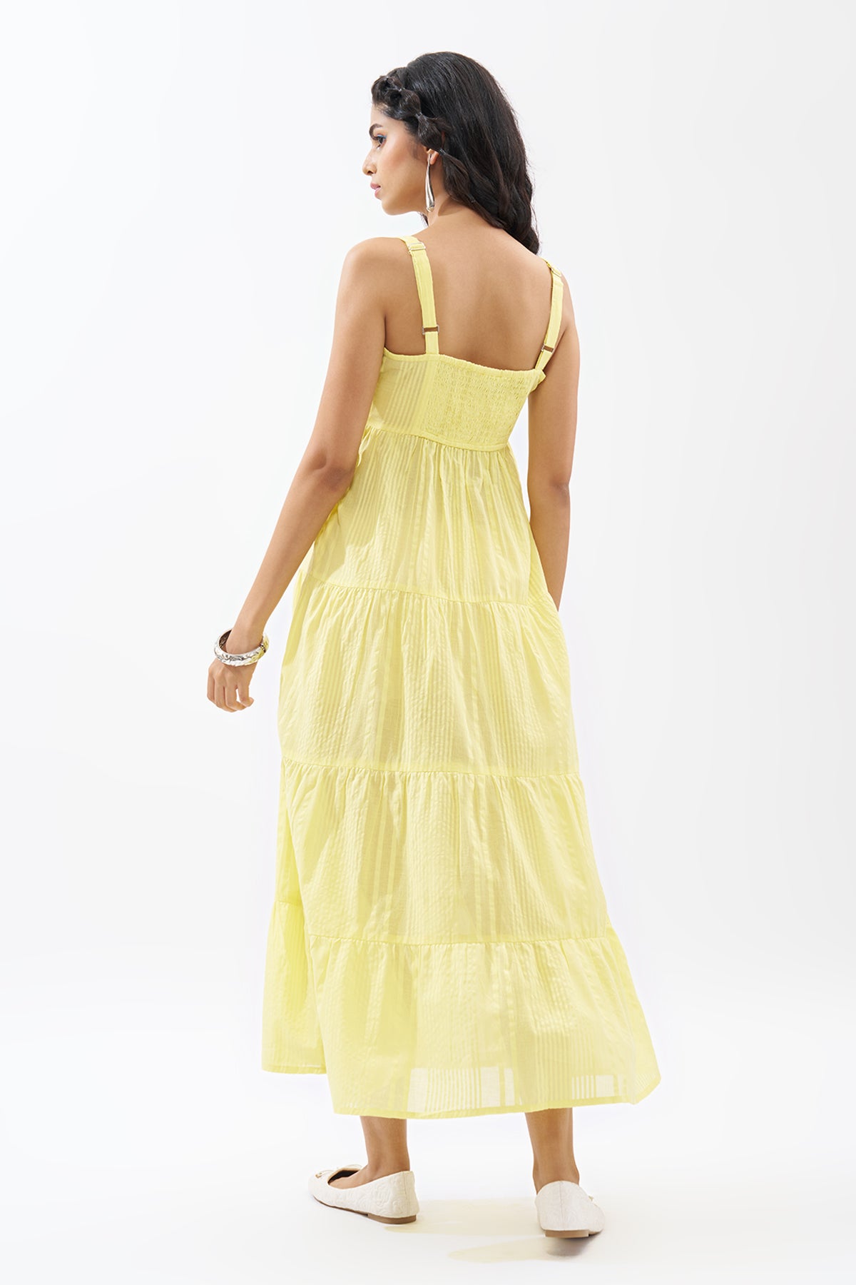 Yellow Sleeveless Seersucker Tiered Dress for Women - Image 5