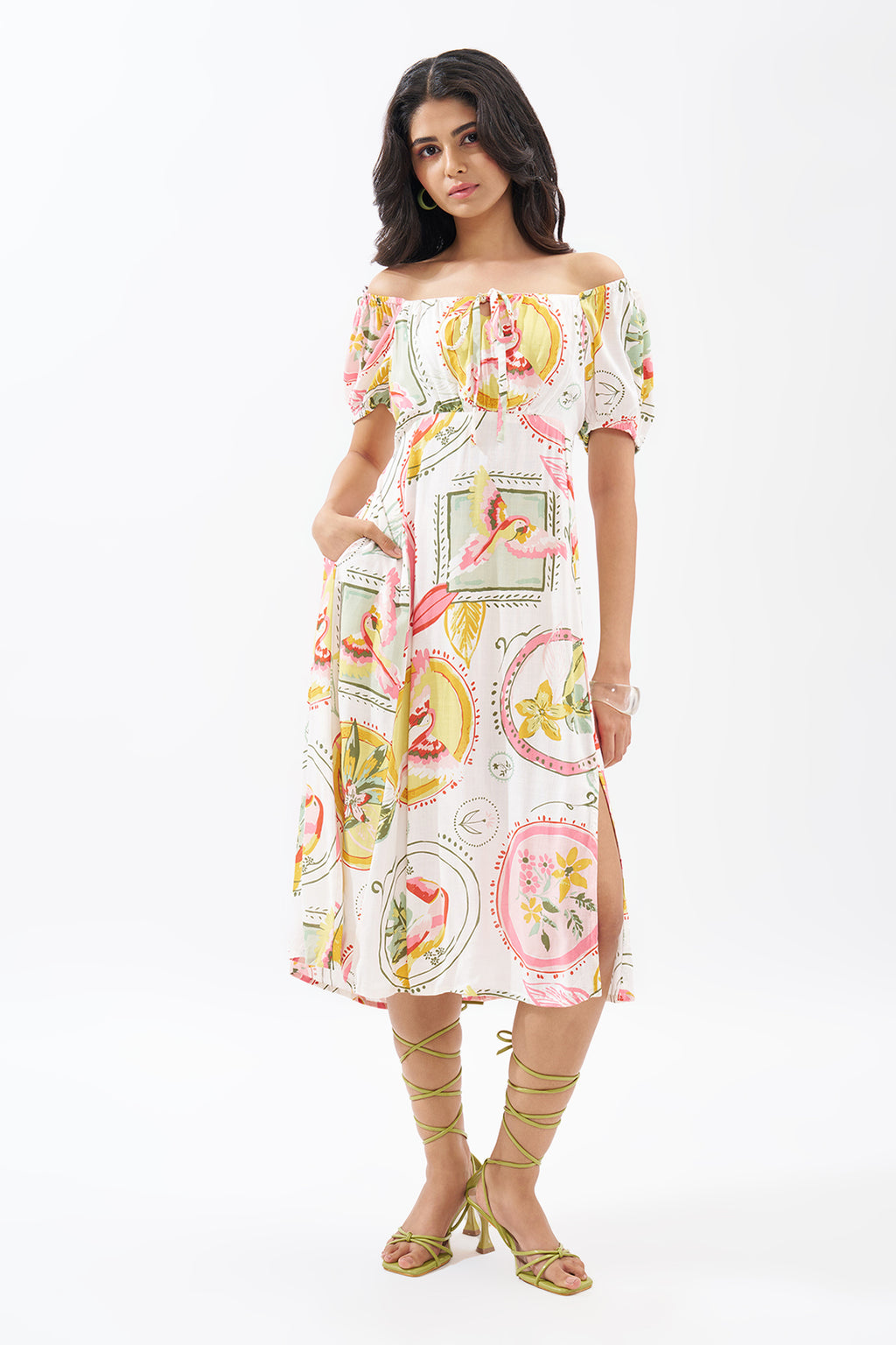 Pink Off-Shoulder Tropical Print Dress For Women - Image 2