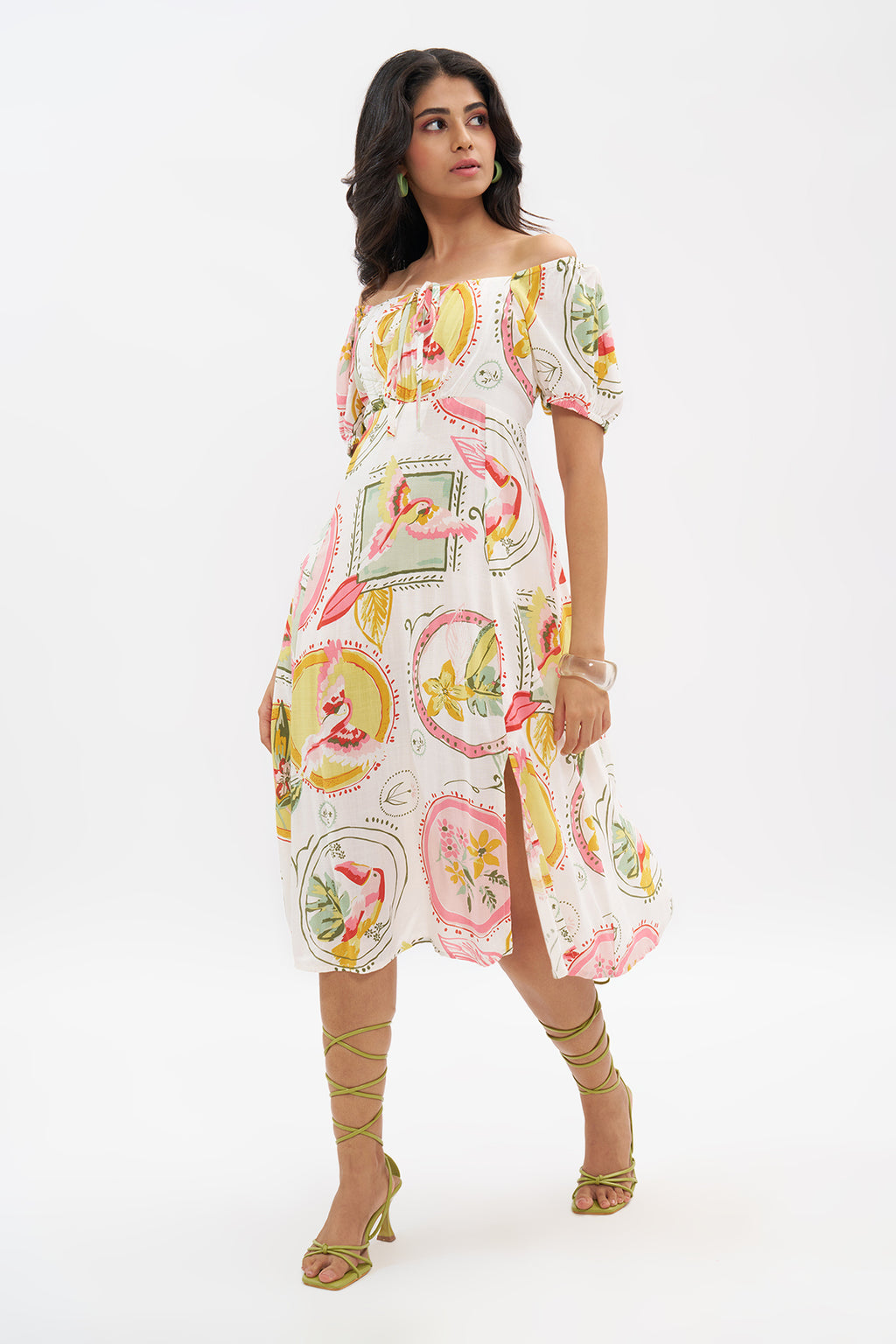Pink Off-Shoulder Tropical Print Dress For Women - Image 4