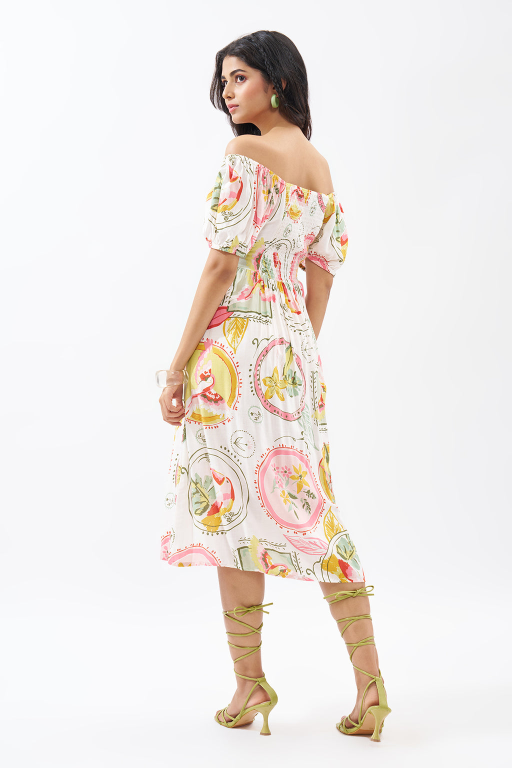 Pink Off-Shoulder Tropical Print Dress For Women - Image 5