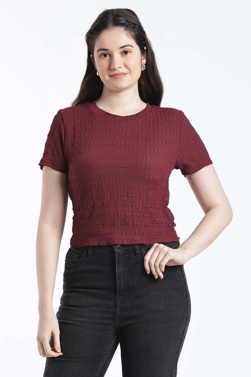 Red Smocked Slim Fit Top for Women - Image 2