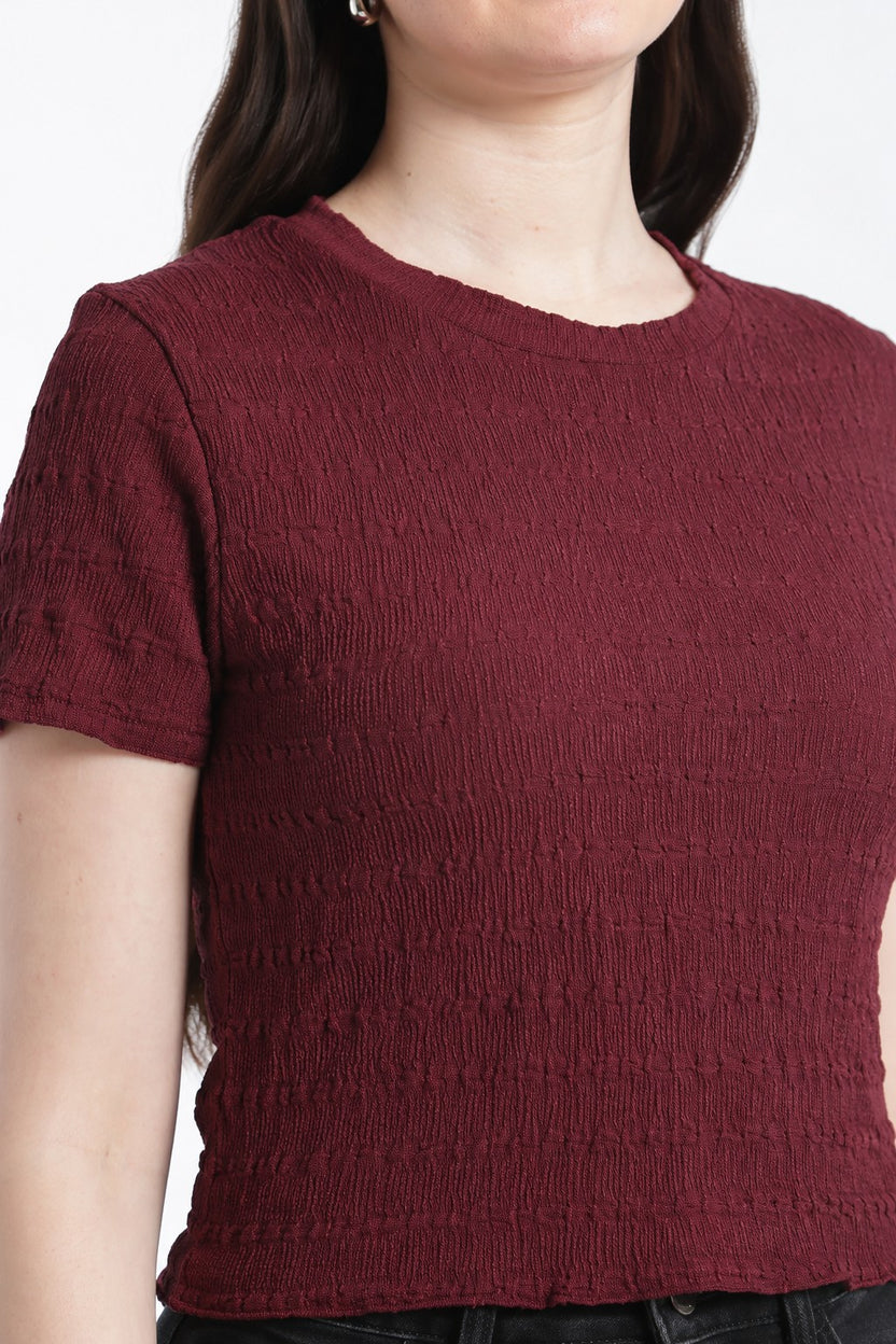 Red Smocked Slim Fit Top for Women - Image 3