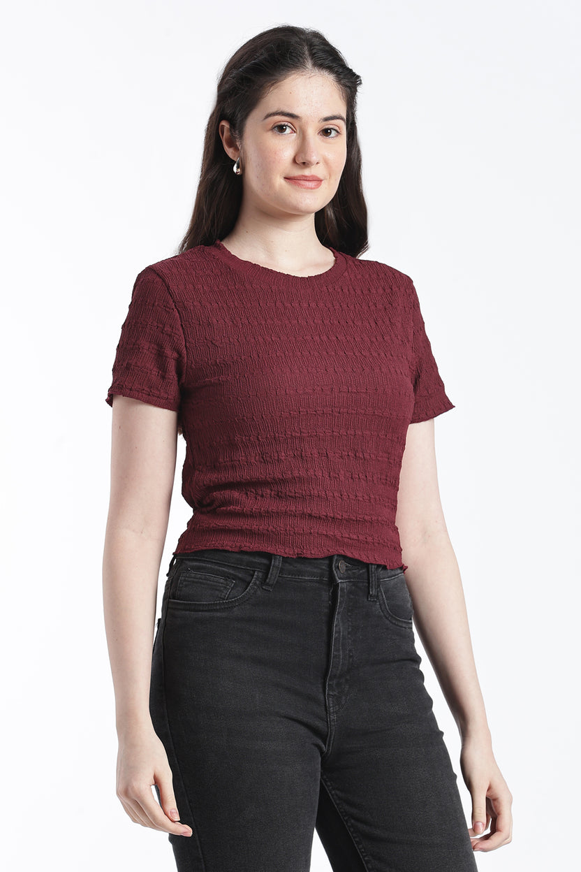Red Smocked Slim Fit Top for Women - Image 4