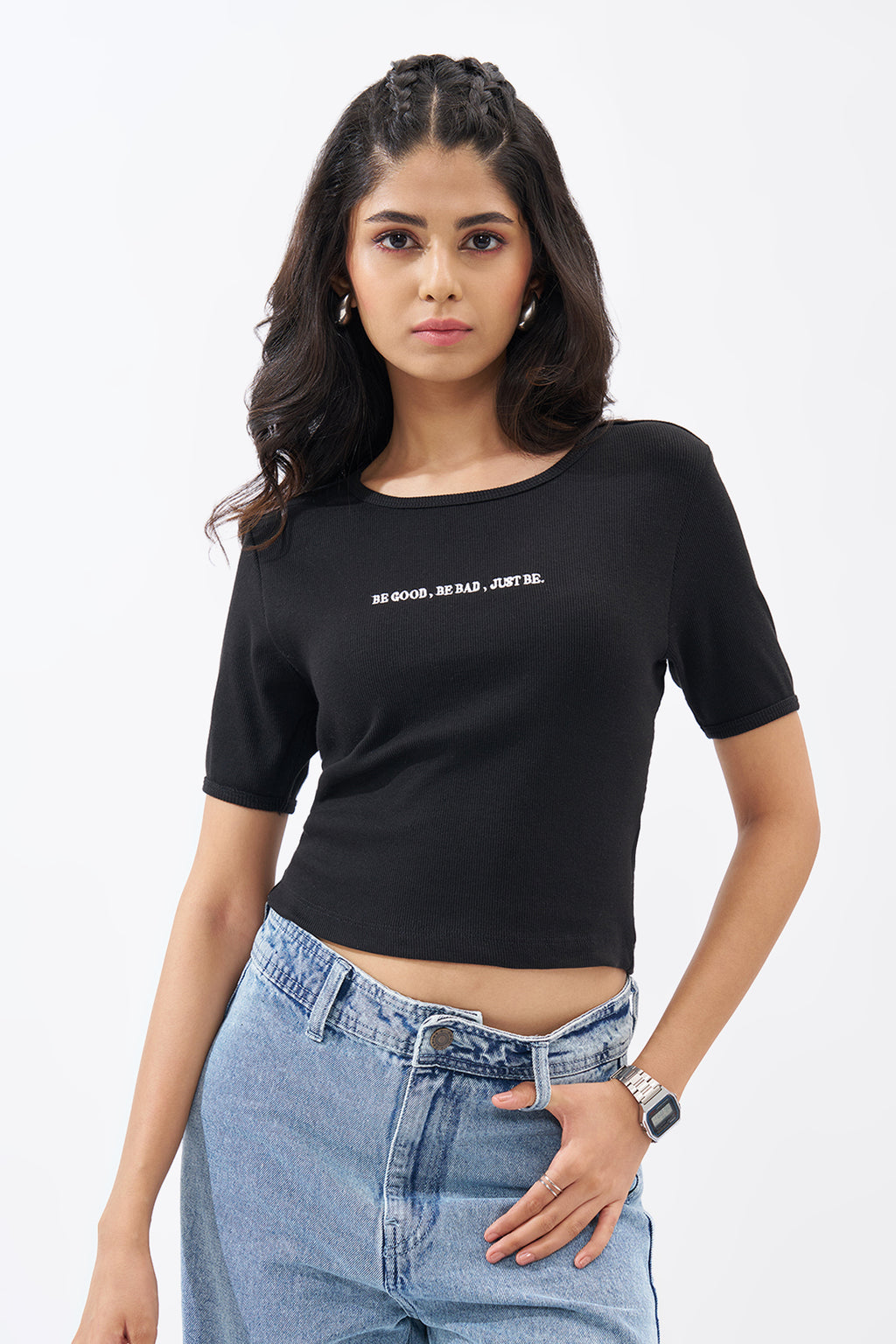 Black Ribbed Top for Women - Image 2