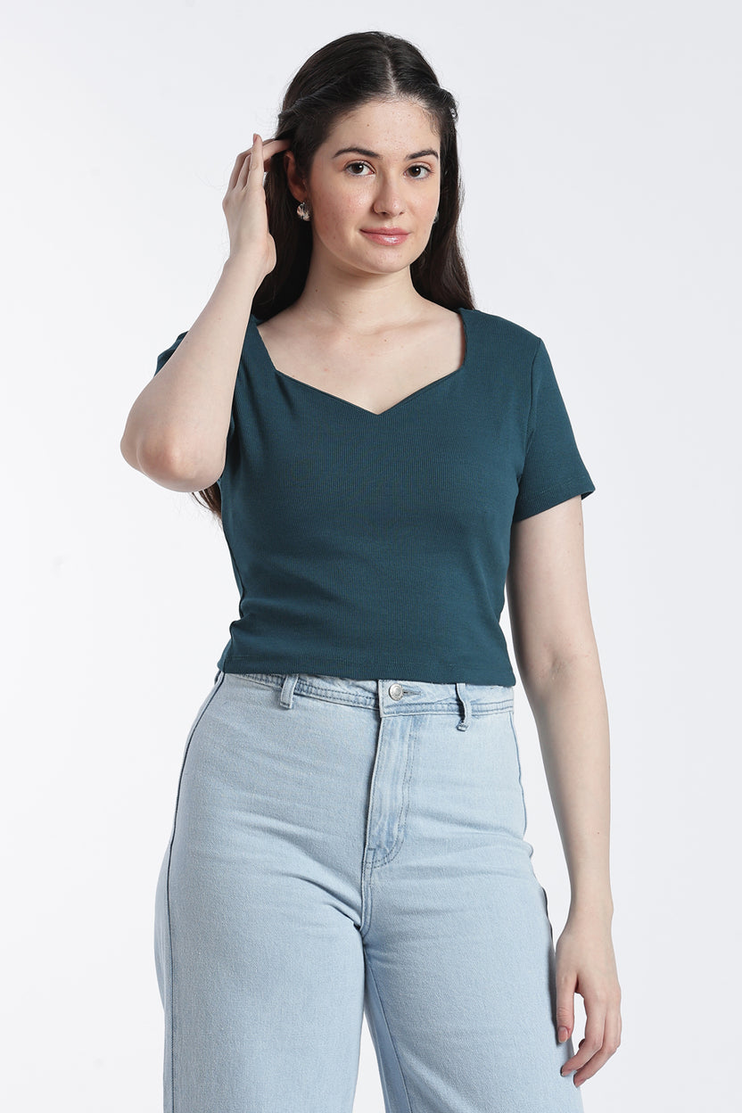 Teal Regular Fit Crop Top For Women - Image 2