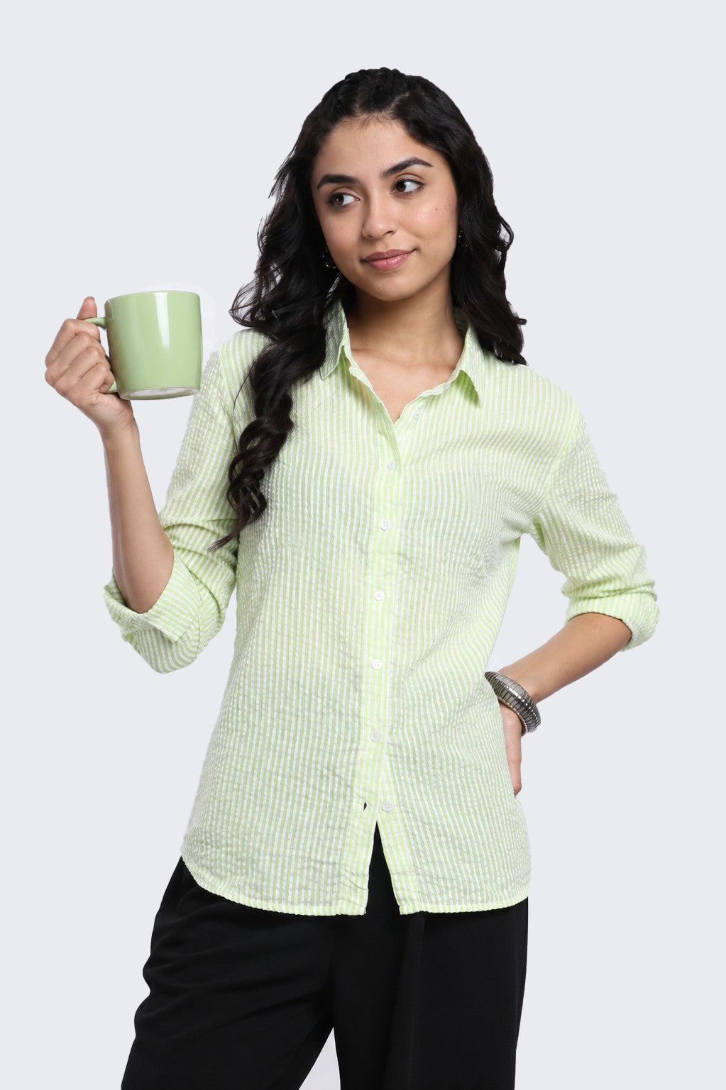 Lime Striped Regular Fit Shirt for Women - Image 1