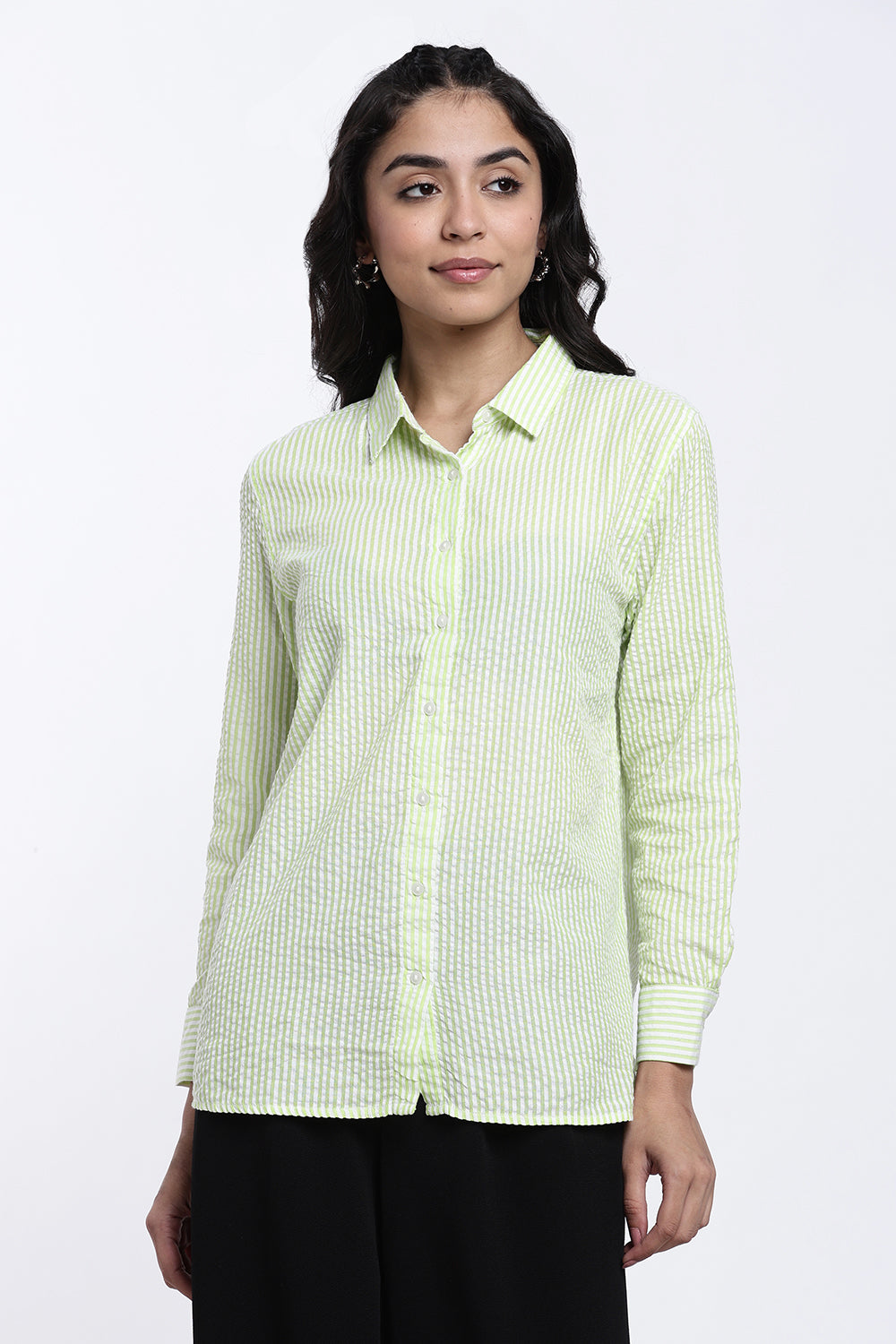 Lime Striped Regular Fit Shirt for Women - Image 2