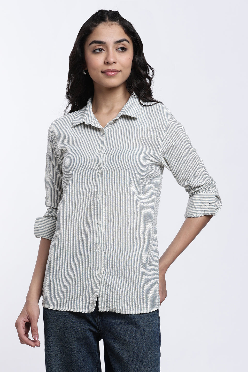 Teal Striped Regular Fit Shirt for Women - Image 2