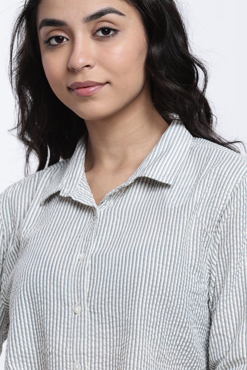 Teal Striped Regular Fit Shirt for Women - Image 3