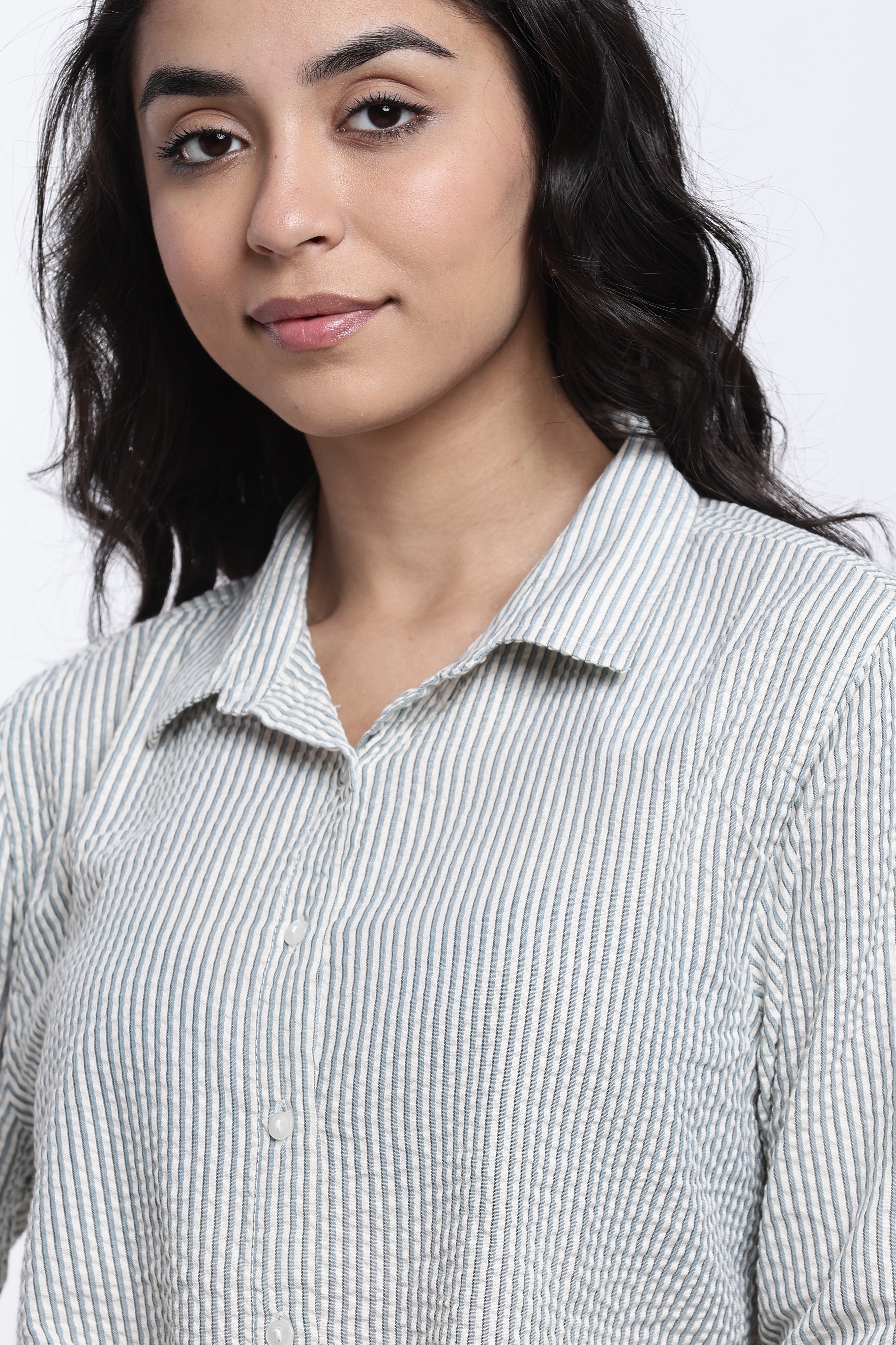 Teal Striped Regular Fit Shirt for Women - Image 3