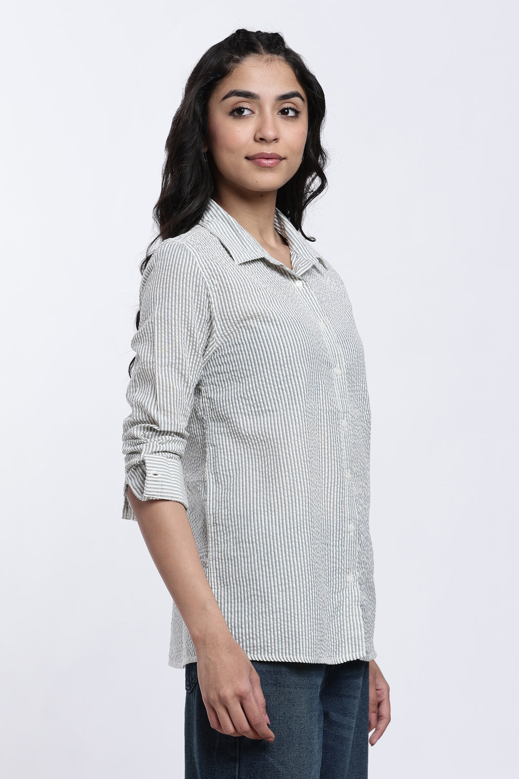 Teal Striped Regular Fit Shirt for Women - Image 4