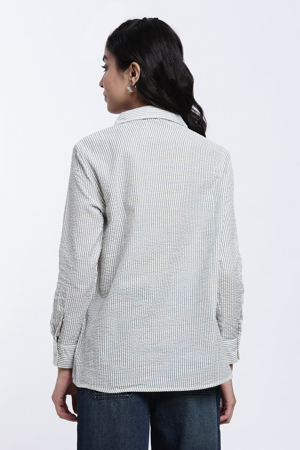 Teal Striped Regular Fit Shirt for Women - Image 5