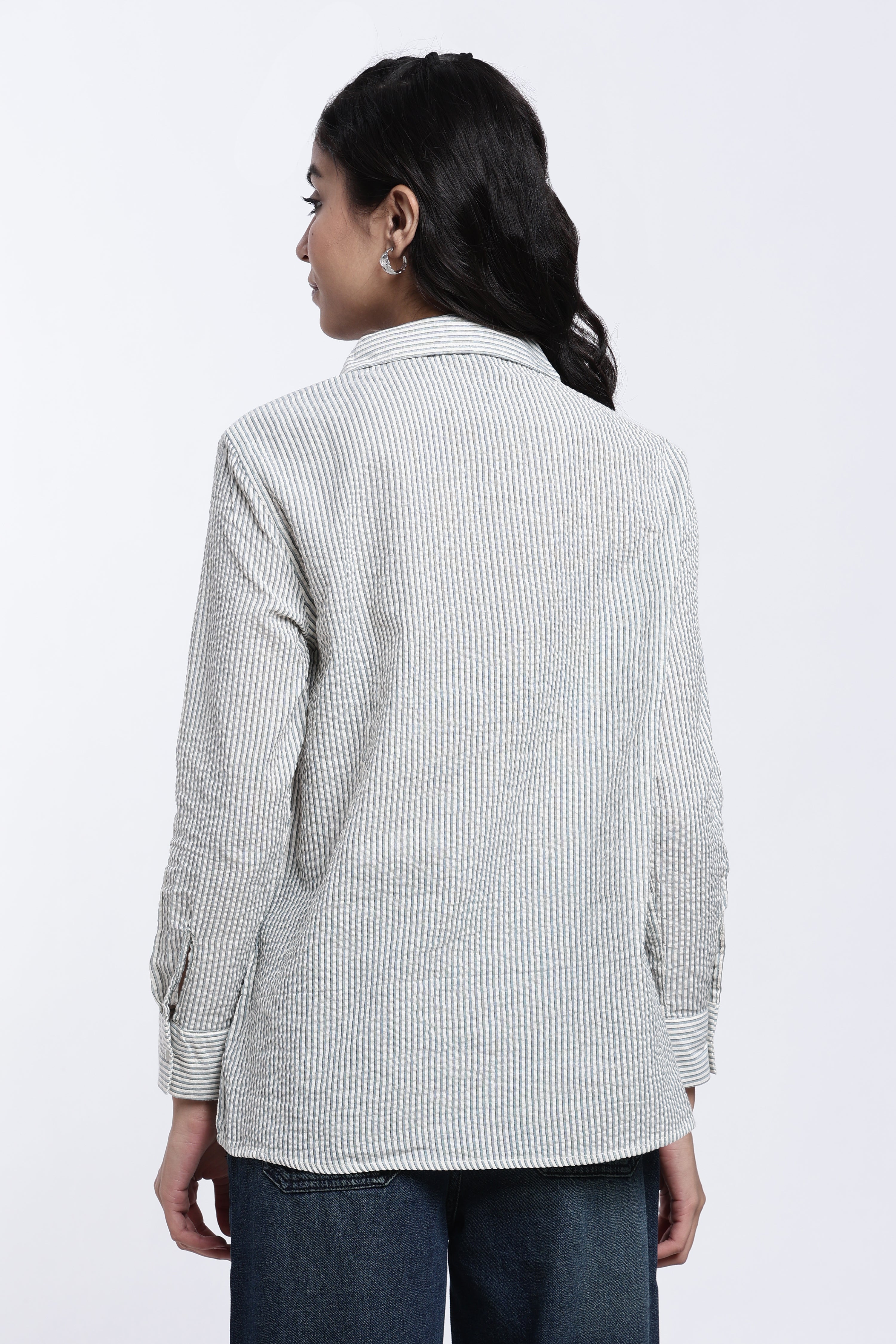 Teal Striped Regular Fit Shirt for Women - Image 5