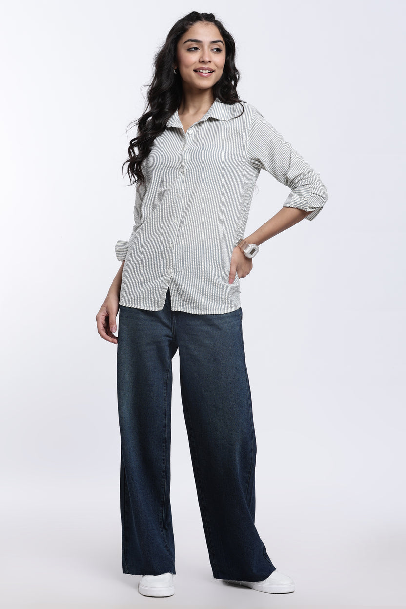 Teal Striped Regular Fit Shirt for Women - Image 6