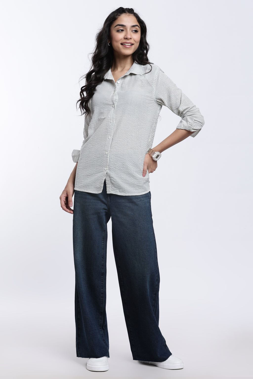 Teal Striped Regular Fit Shirt for Women - Image 6