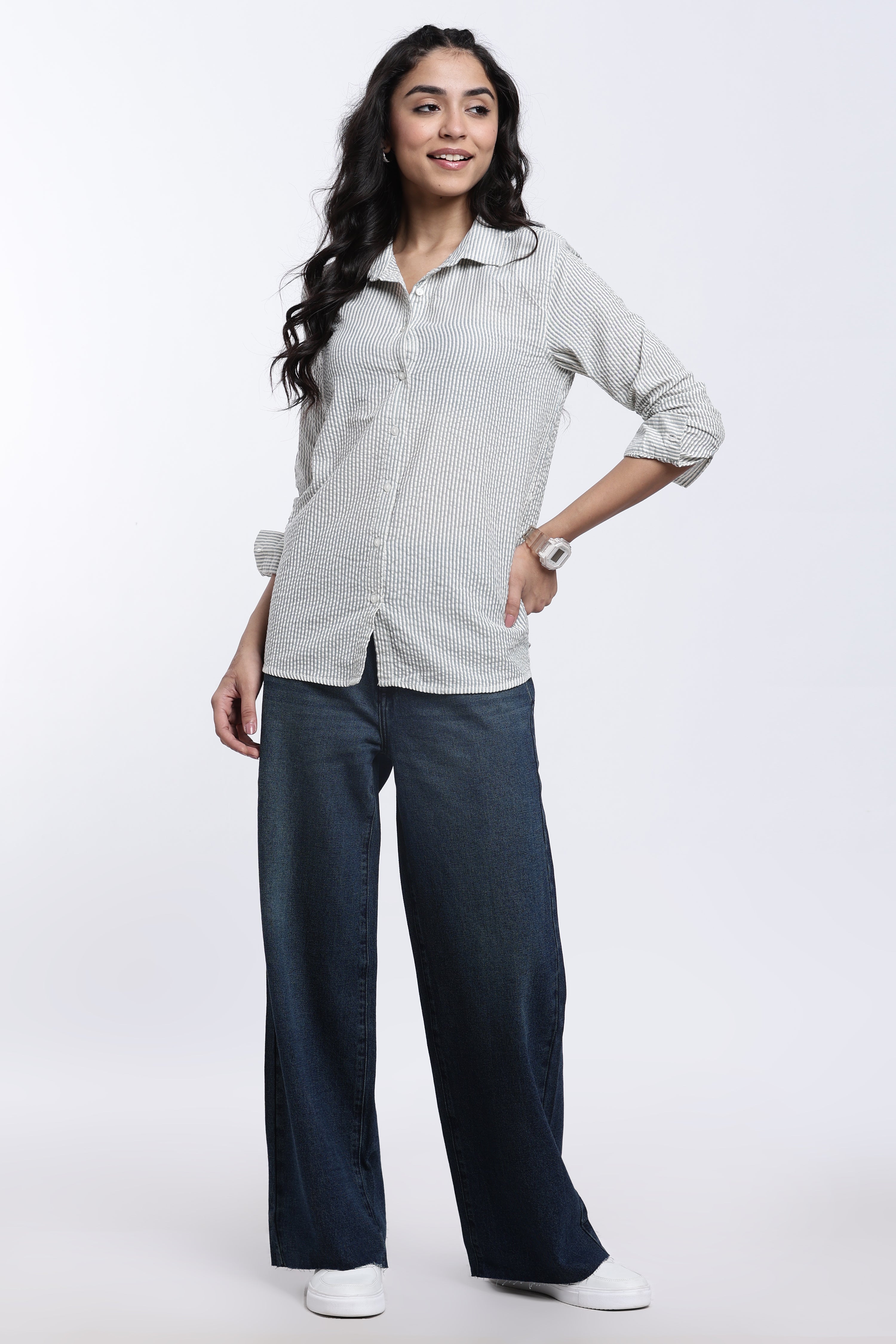 Teal Striped Regular Fit Shirt for Women - Image 6
