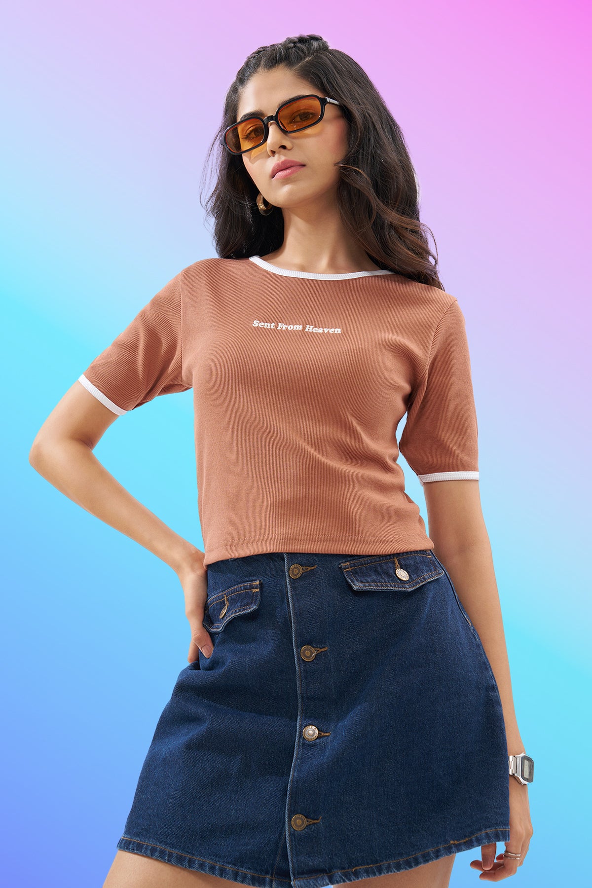 Peach Ringer Top for Women - Image 1