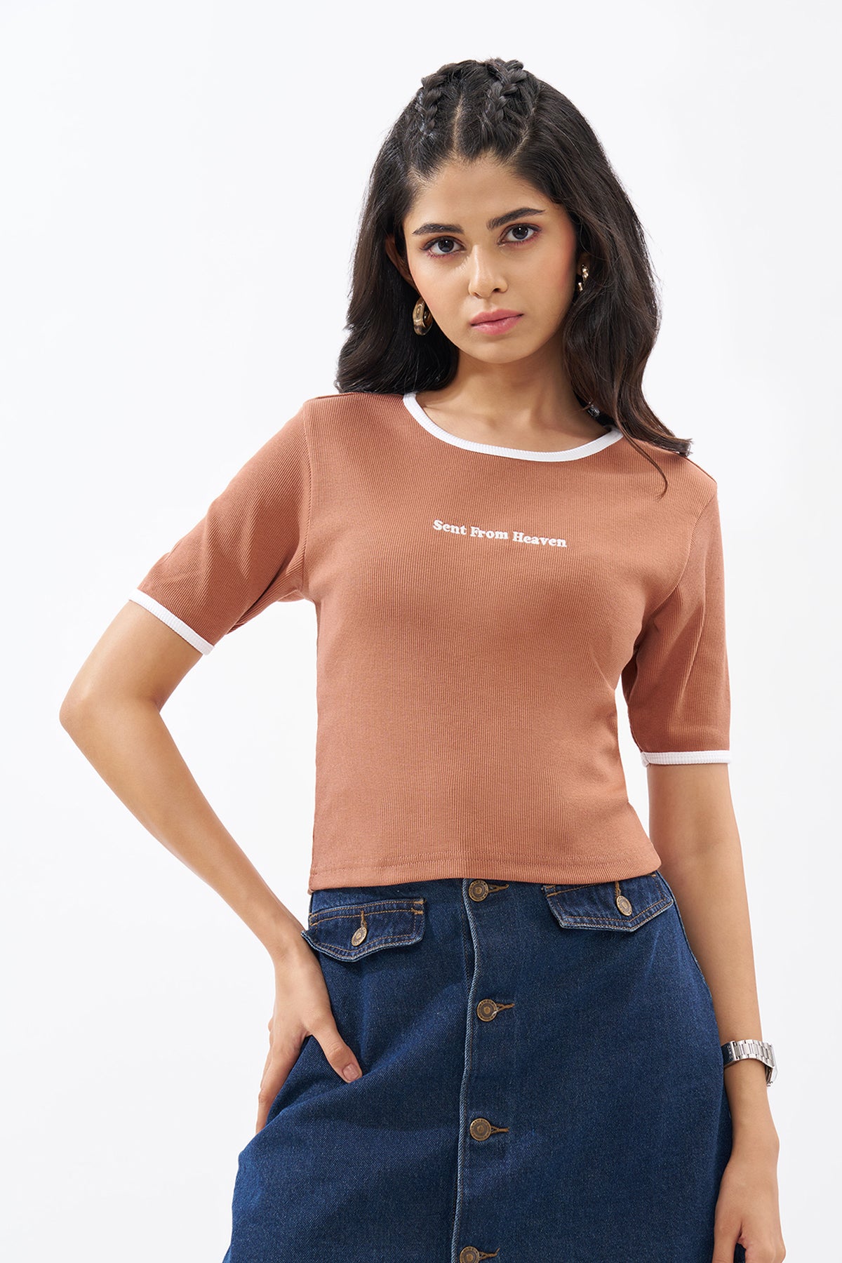 Peach Ringer Top for Women - Image 2