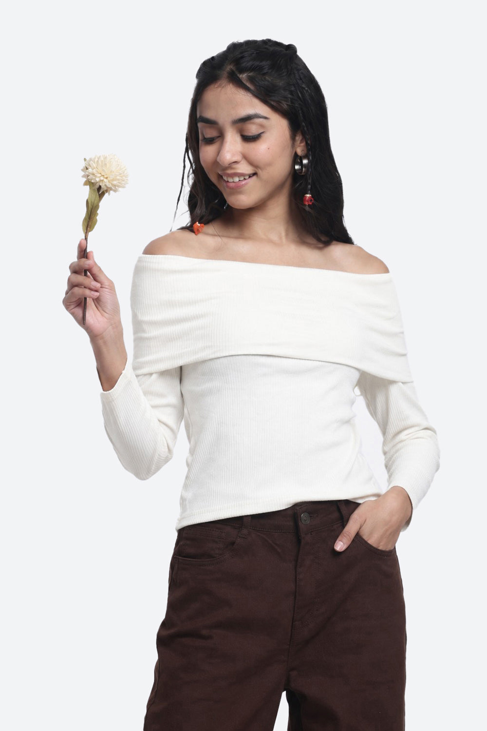 Off White Off-Shoulder Textured Regular Fit Top for Women - Image 1