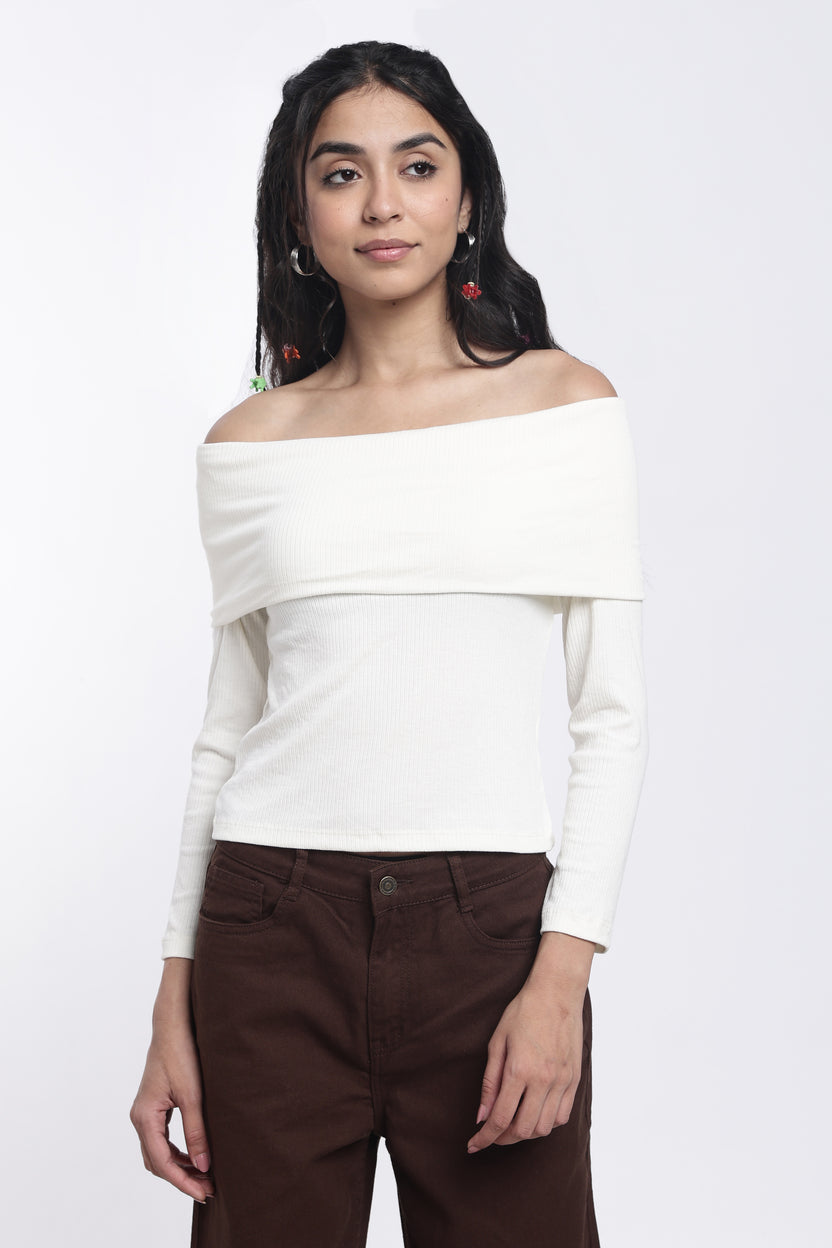 Off White Off-Shoulder Textured Regular Fit Top For Women - Image 2