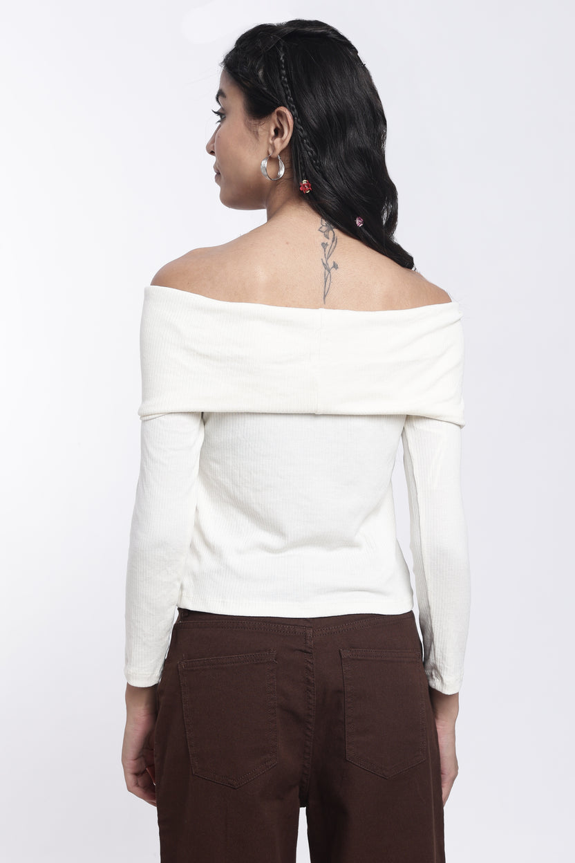 Off White Off-Shoulder Textured Regular Fit Top For Women - Image 5