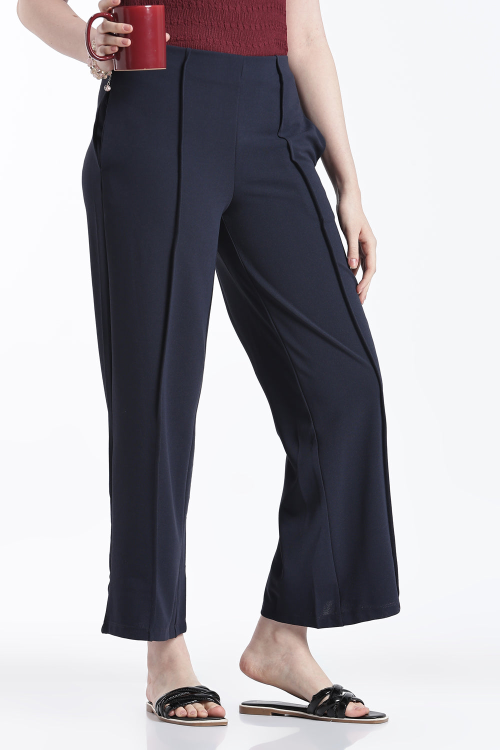 Navy Wide Leg Fit Casual Trouser With 2 Pocket For Women - Image 1