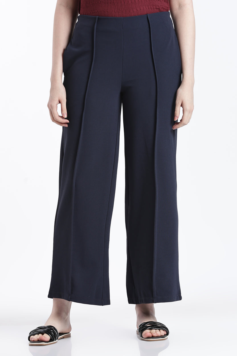 Navy Wide Leg Fit Casual Trouser With 2 Pocket For Women - Image 2