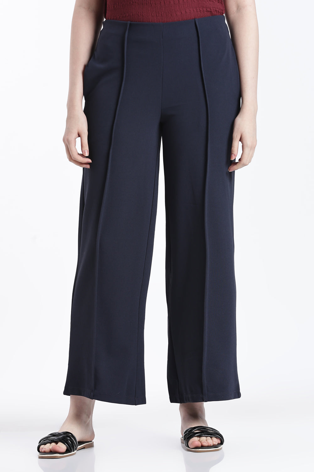 Navy Wide Leg Fit Casual Trouser With 2 Pocket For Women - Image 2