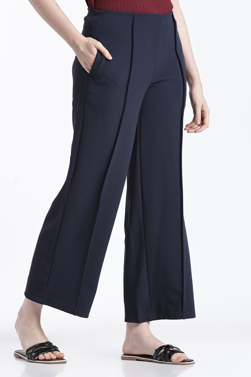 Navy Wide Leg Fit Casual Trouser With 2 Pocket For Women - Image 4