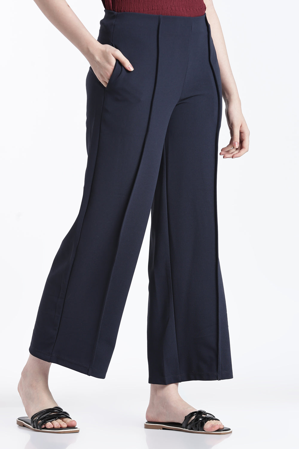 Navy Wide Leg Fit Casual Trouser With 2 Pocket For Women - Image 4