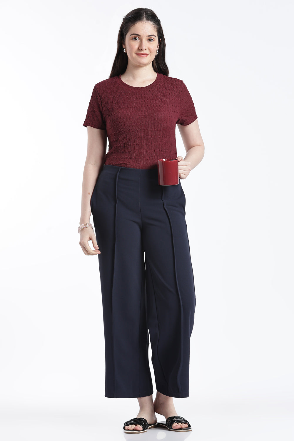 Navy Wide Leg Fit Casual Trouser With 2 Pocket For Women - Image 6