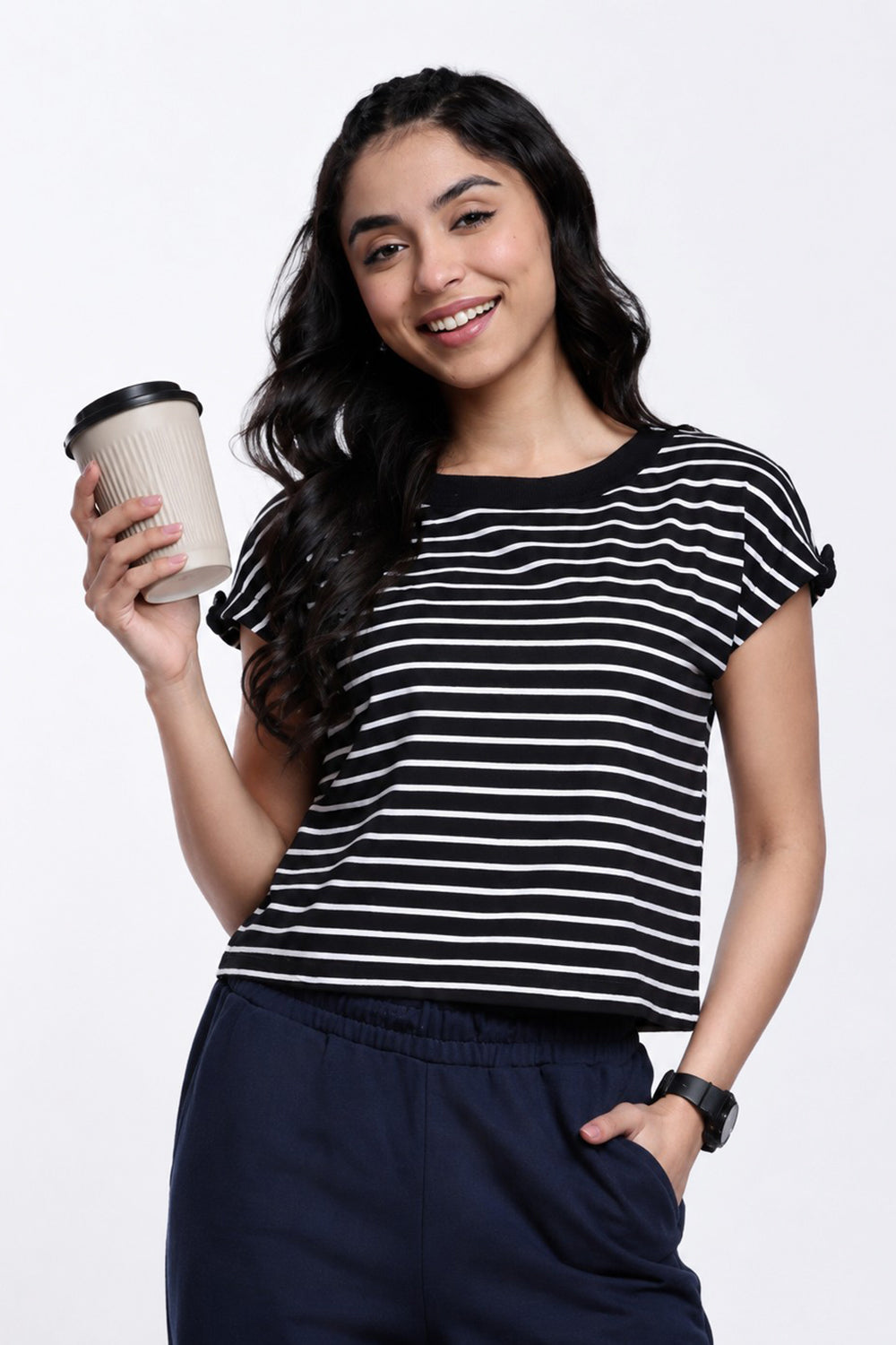 Black Striped Regular Fit Top for Women - Image 1