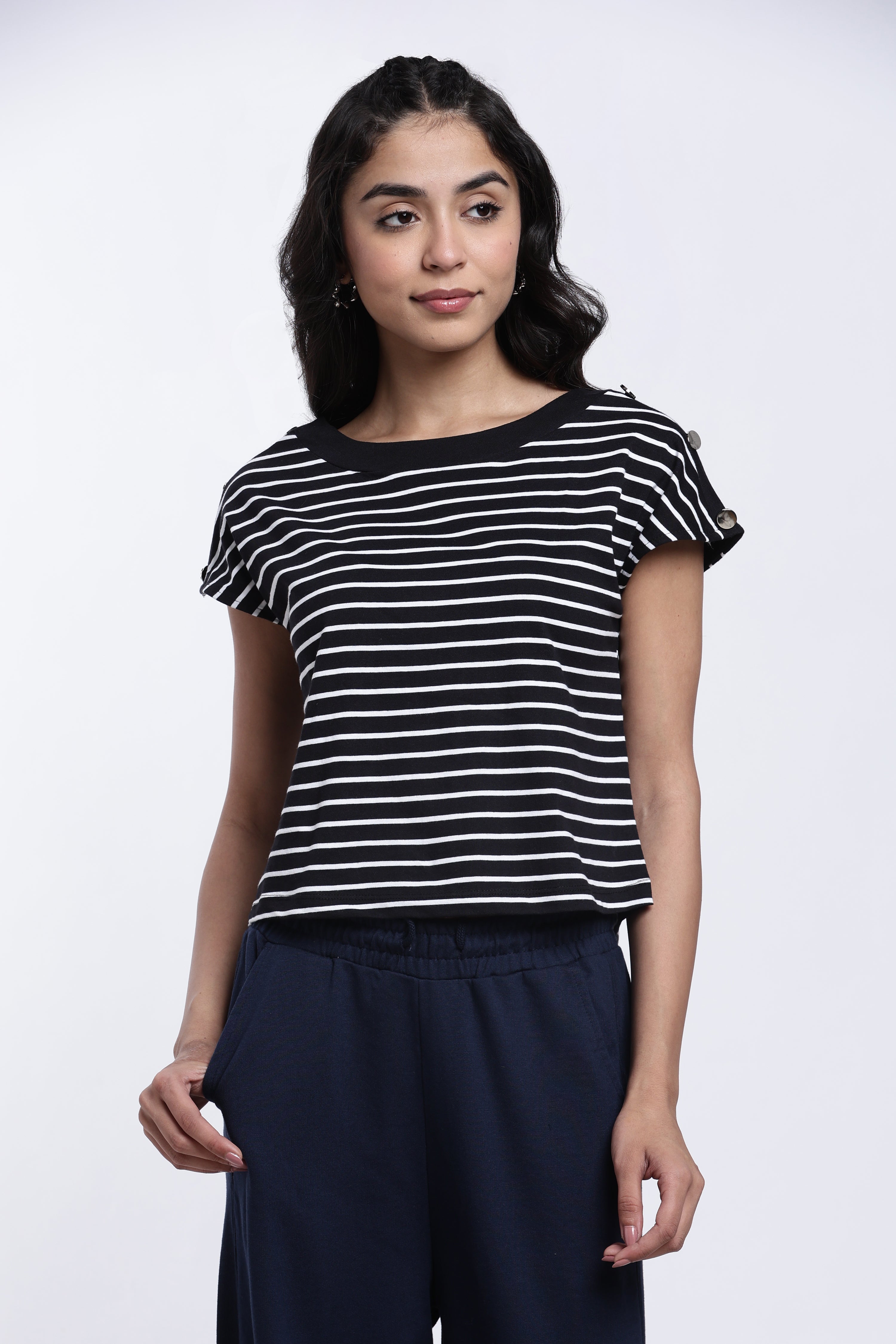 Black Striped Regular Fit Top for Women - Image 2
