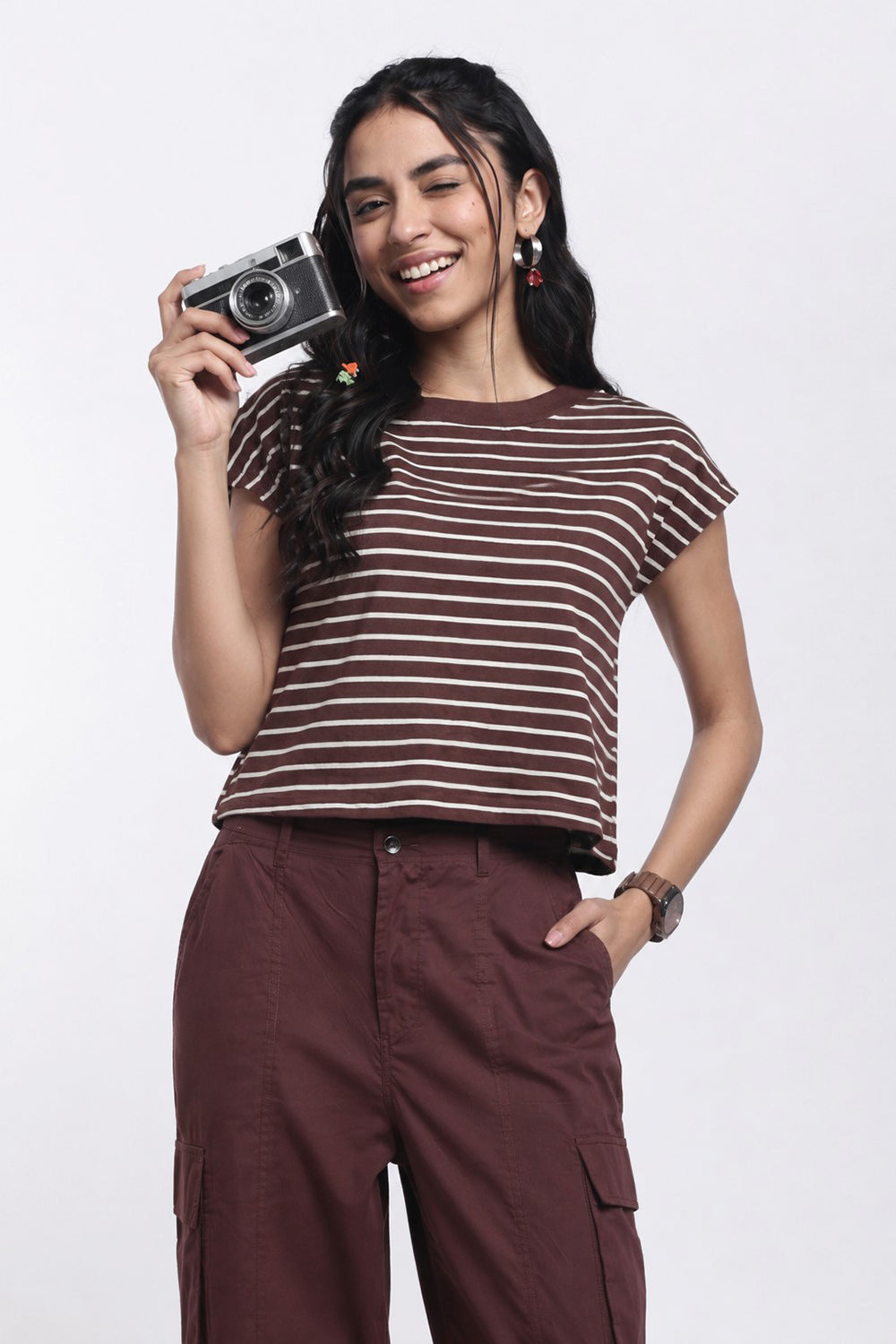 Brown Striped Regular Fit Top for Women - Image 1