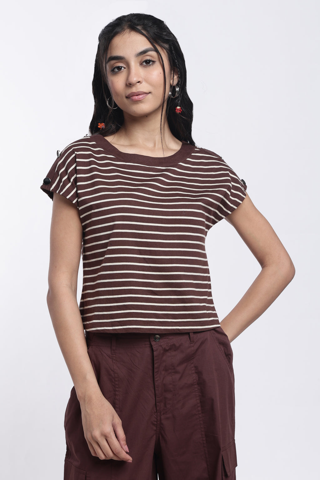 Brown Striped Regular Fit Top for Women - Image 2