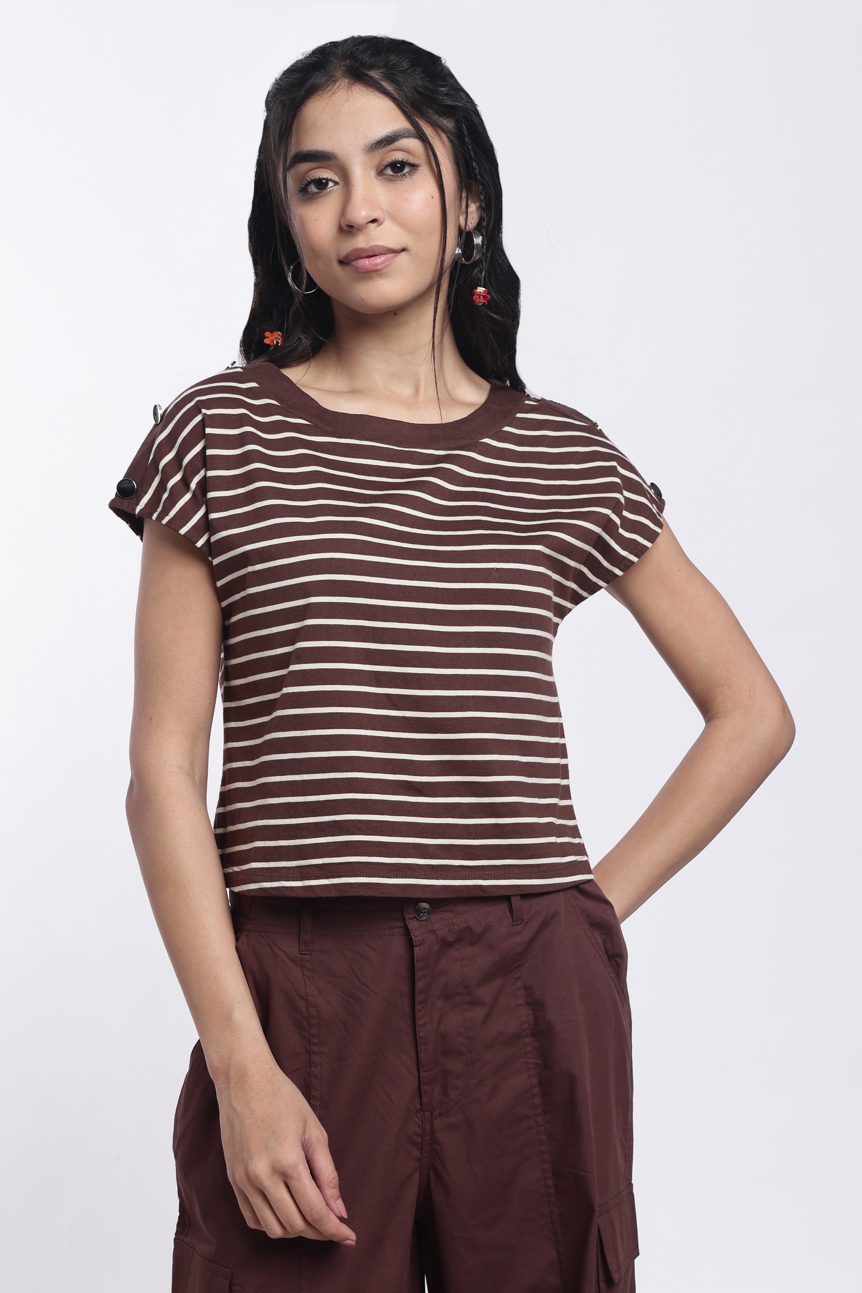 Brown Striped Regular Fit Top for Women - Image 2