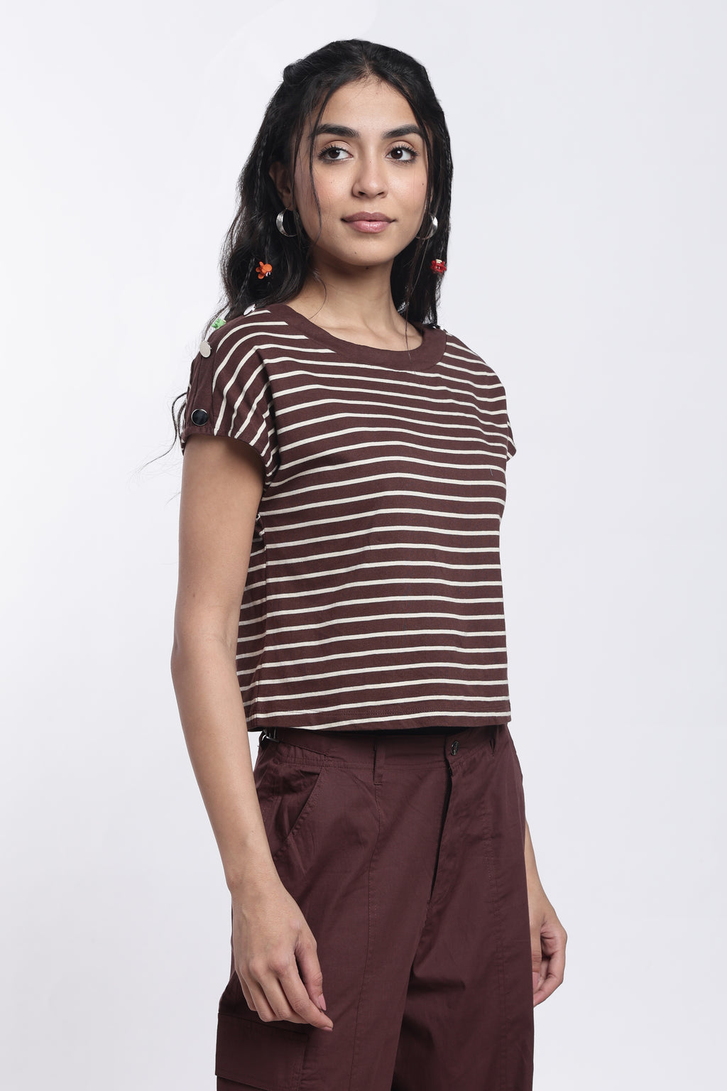 Brown Striped Regular Fit Top for Women - Image 4