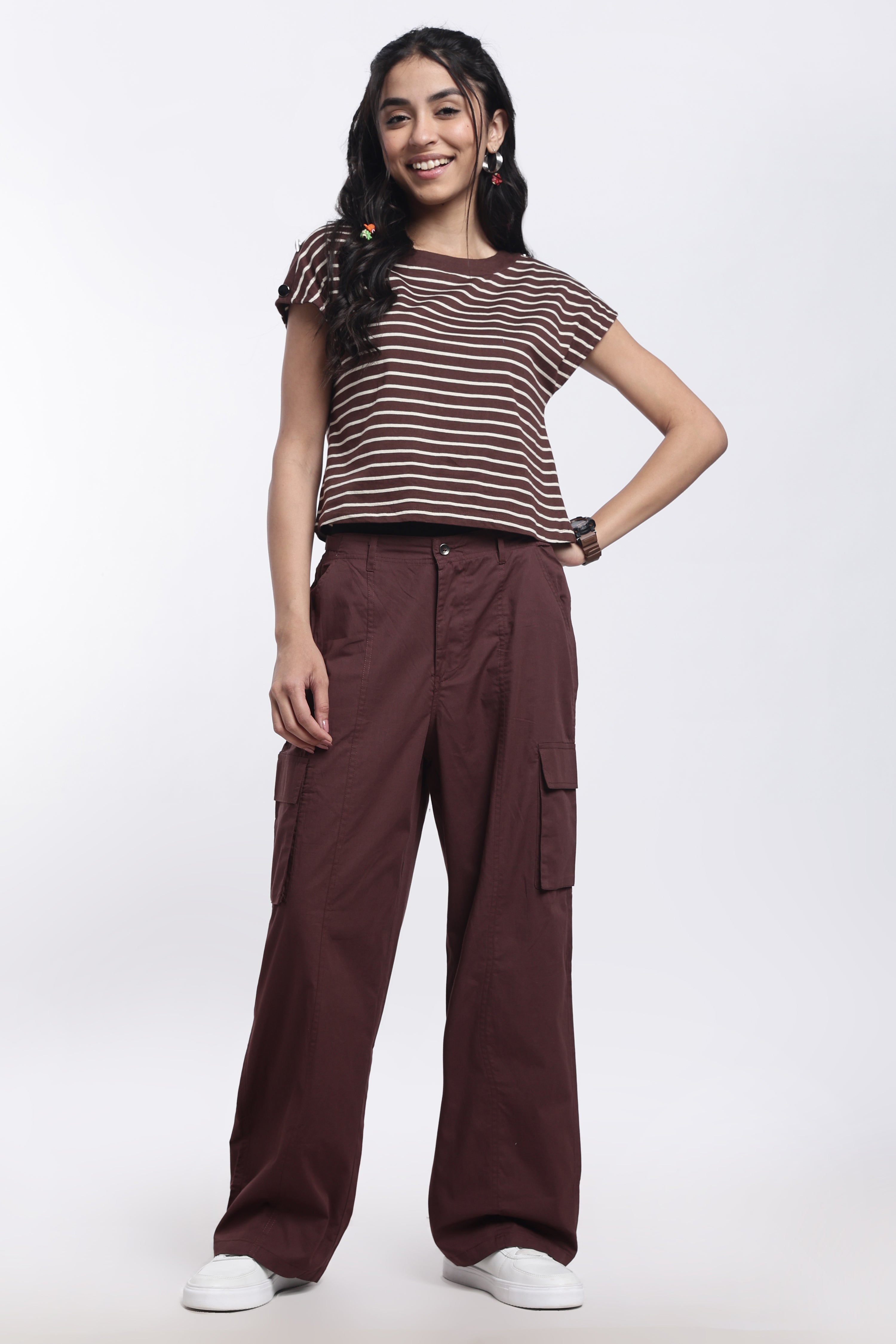 Brown Striped Regular Fit Top for Women - Image 6