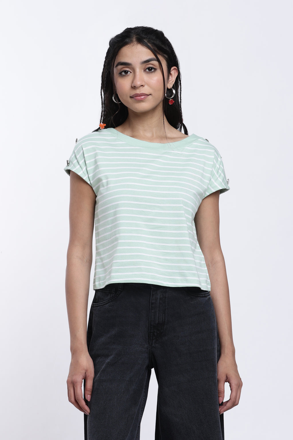 Green Striped Regular Fit Top for Women - Image 2