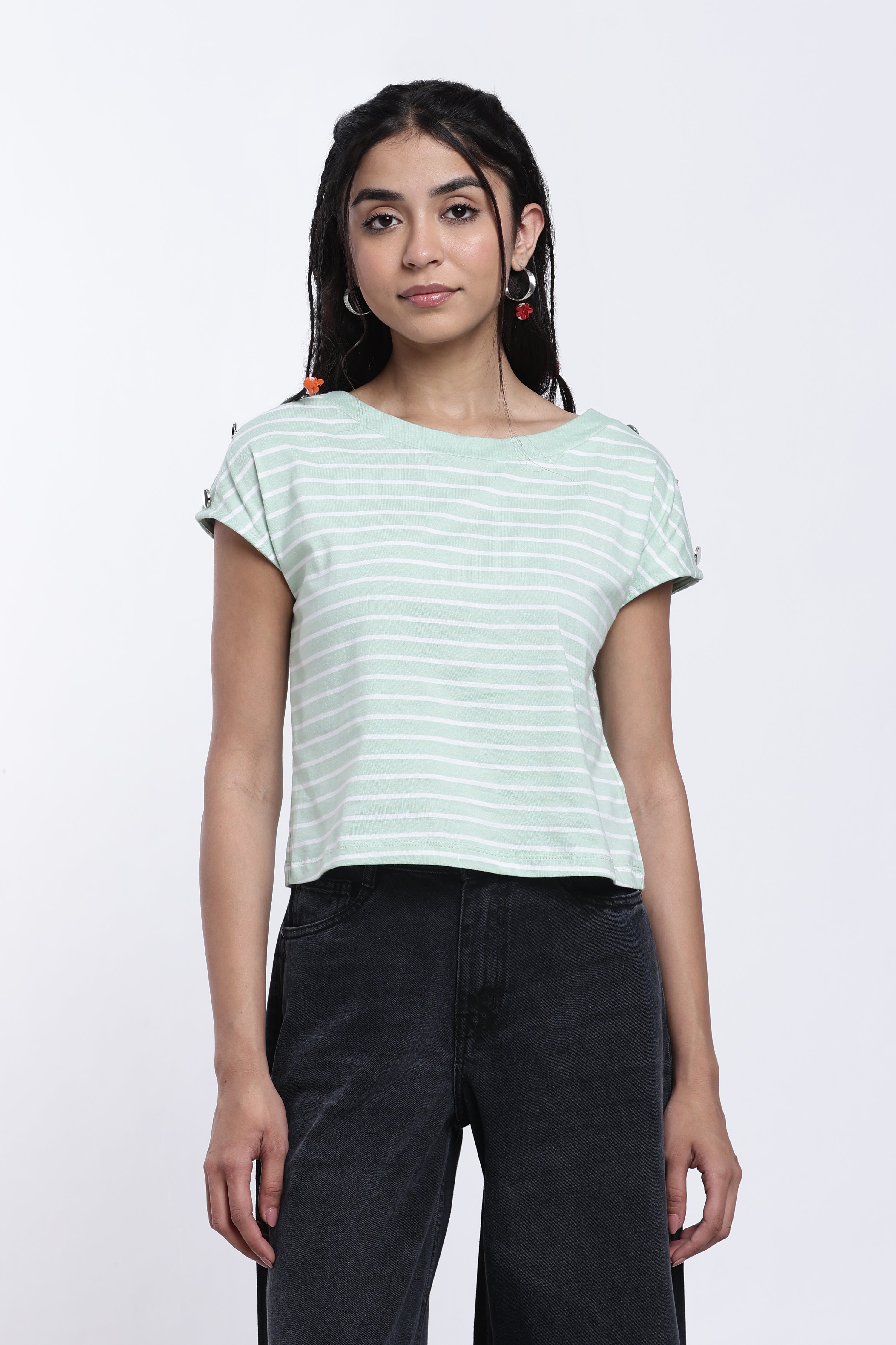 Green Striped Regular Fit Top for Women - Image 2