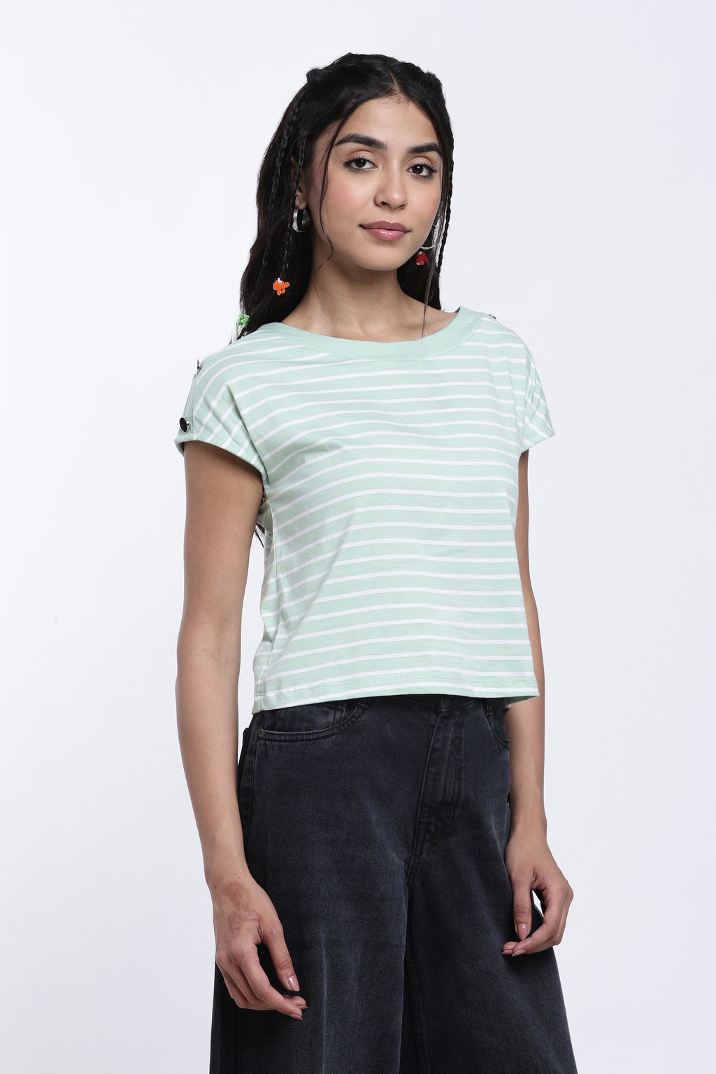 Green Striped Regular Fit Top for Women - Image 4