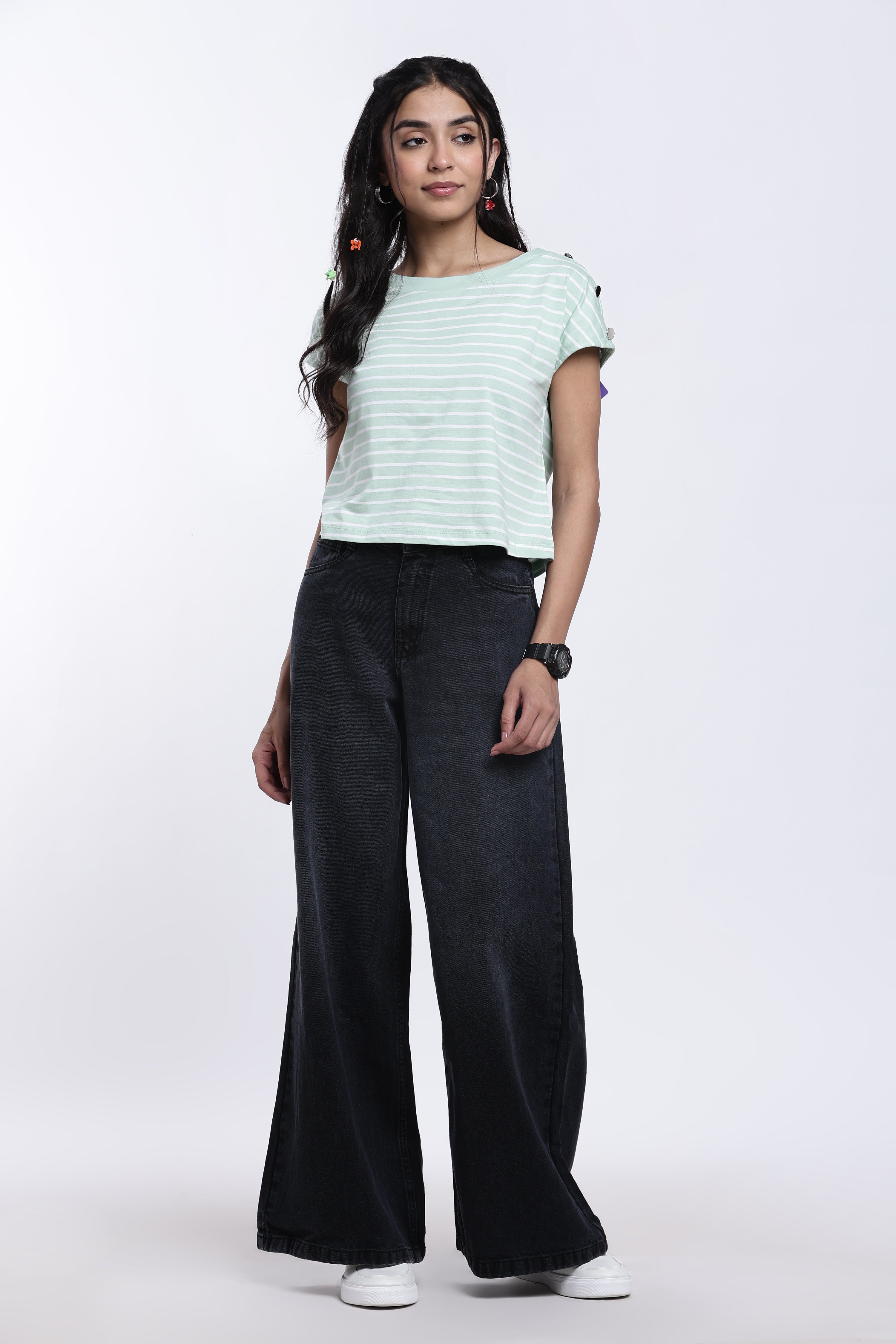 Green Striped Regular Fit Top for Women - Image 6