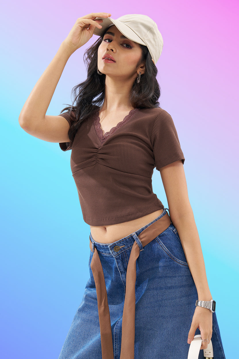 Brown Lace Trim Rib Knit Top For Women - Image 1