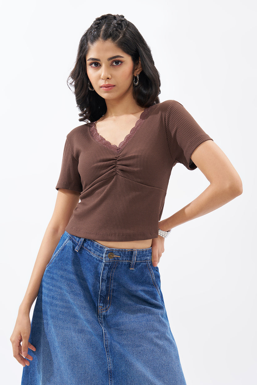 Brown Lace Trim Rib Knit Top For Women - Image 2