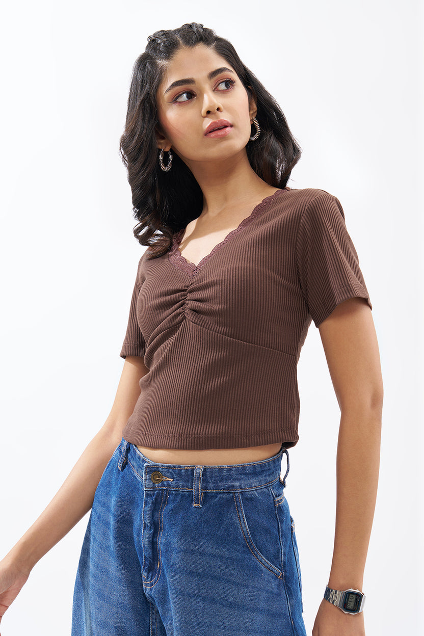 Brown Lace Trim Rib Knit Top For Women - Image 4