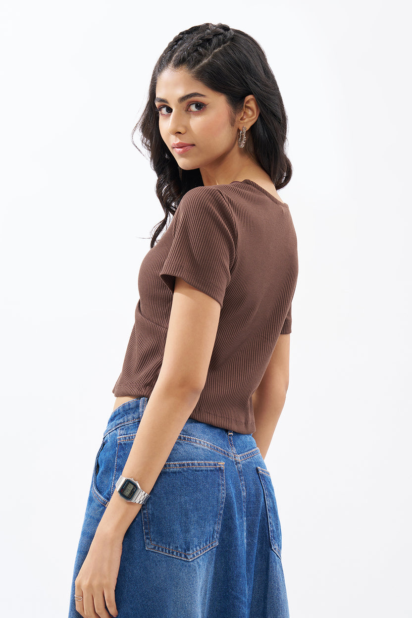 Brown Lace Trim Rib Knit Top For Women - Image 5